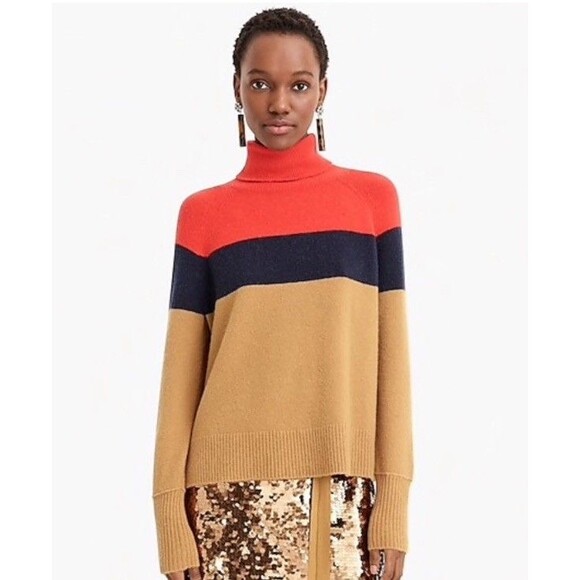 J.Crew Colorblock Turtleneck Sweater Supersoft Yarn Oversized Fit Tan Brown XS - Picture 4 of 8